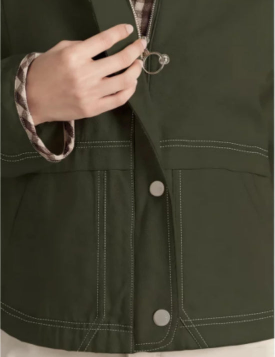 Aimiray coat — Windproof cropped plaid bomber with pockets