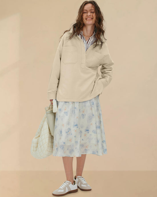 Shirt — Women's casual oversized polo neck sweatshirt with long sleeves and buttons