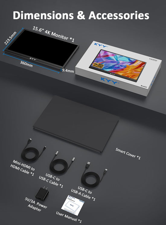 KYY 15.6 portable monitor with smart cover and speakers. Plug and play external monitor for laptop, PC, phone, Mac, Xbox, PS4.