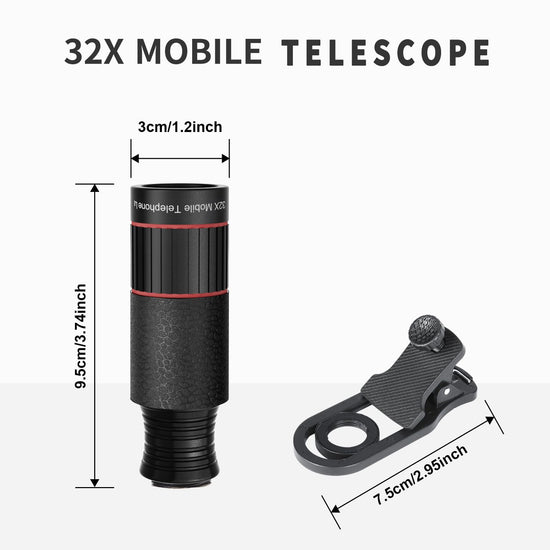 2025 Newly 32X Phone Camera Lens Telephoto Mobile Lens for iPhone and Android Zoom Cellphone Camera Lens with Phone Clip for Picture Video Taking (Black)