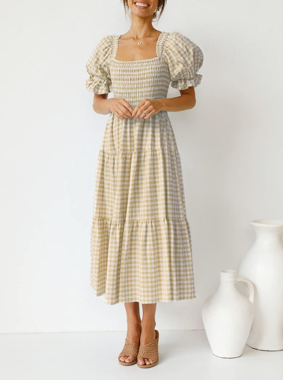 ZESICA dress — Boho gingham puff sleeve midi dress