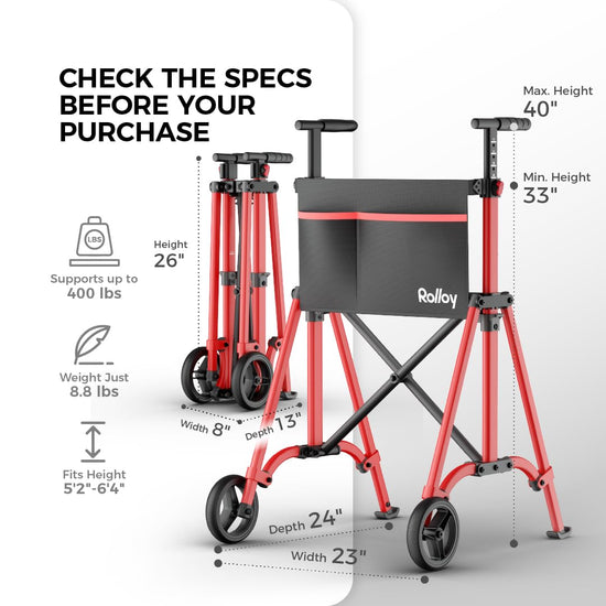 Rolloy walker — lightweight folding design with adjustable height and 2 wheels