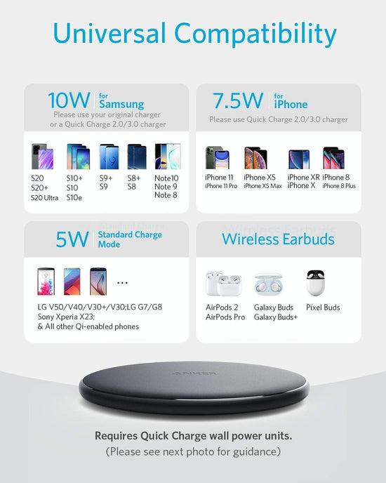 Anker 313 wireless charger — 10W max fast charging for Samsung and iPhone 16 Plus/15 Plus/14 Plus/12