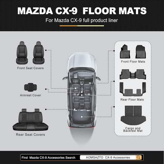 AOMSAZTO floor mats for Mazda CX9 7 seats 2016-2023, custom fit all weather liners, black