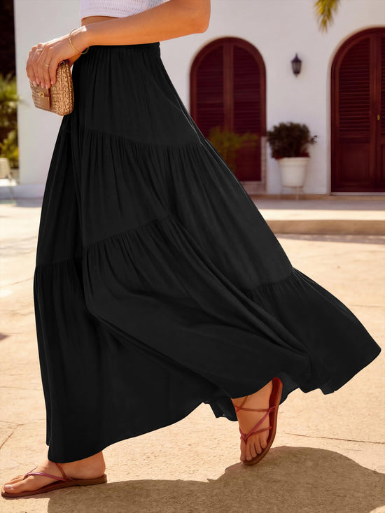 ANRABESS women's boho elastic high waist pleated maxi skirt with pockets