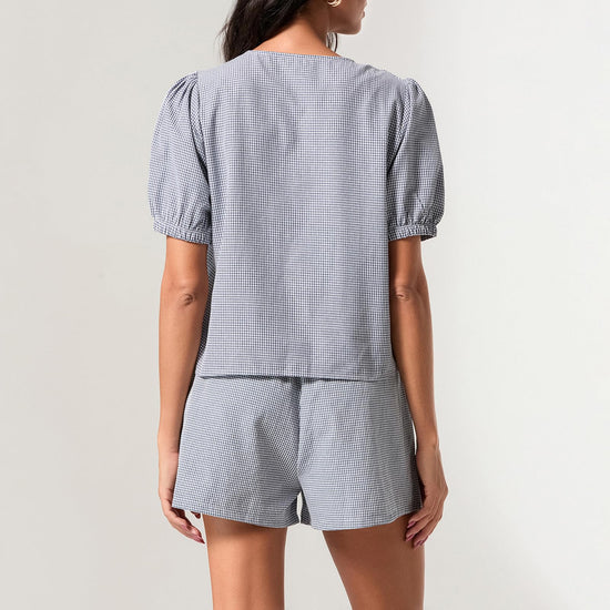 Yuemengxuan coordinated outfit — Y2k peplum shirt and shorts set with puff sleeves and tie front
