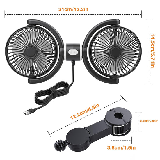 Electric fan — Hayousui USB car cooling fan with dual heads and 360° rotation