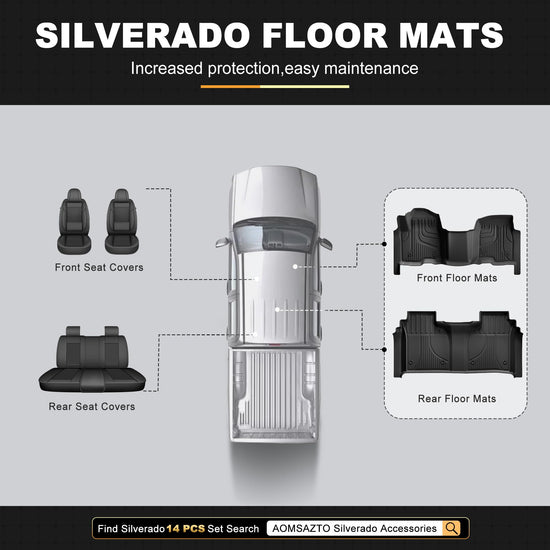 AOMSAZTO floor mats for Chevy Silverado and GMC Sierra with under-seat storage and bench seat