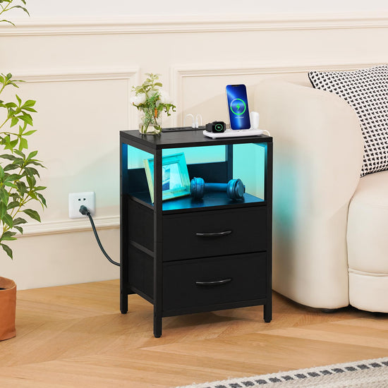 Yoobure nightstand with charging station - LED design with fabric drawers and USB ports