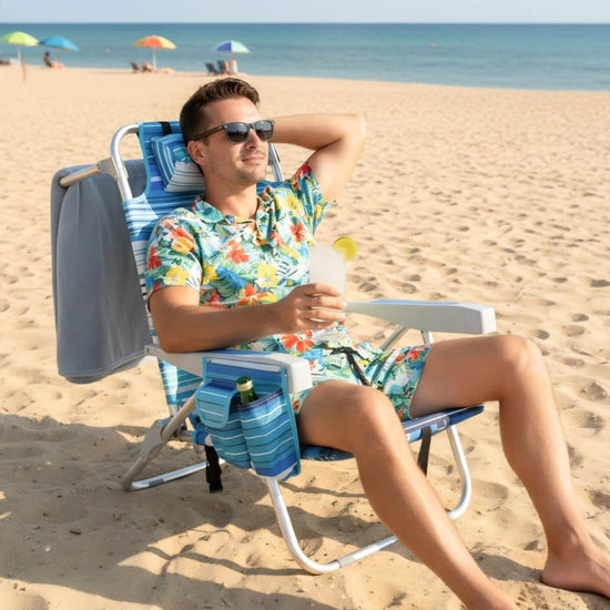 Folding Backpack Beach Chair for Adults, 5-Position Aluminum Lightweight Reclining Beach Chair, Low Sands Compact Chairs with Cup Holder and Padded Headrest for Lawn Patio Poolside,Supports 300lbs