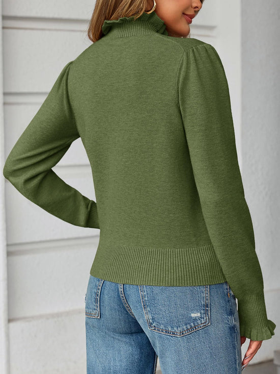 Saodimallsu sweater — ruffle mock neck with puff long sleeves in soft knit