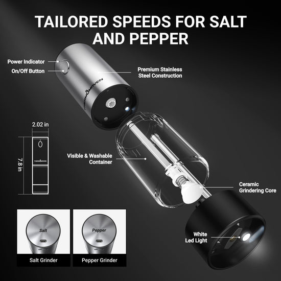 Seasoning mill — Rechargeable electric grinder set with adjustable coarseness 2 packs black