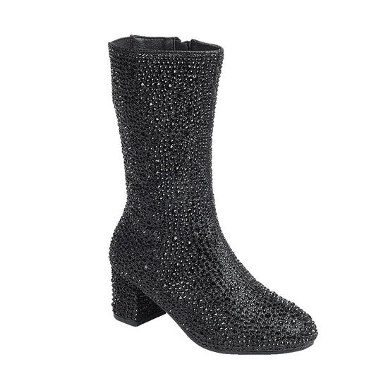 ABSOLEX knee high rhinestone boot - round toe, chunky low heel.