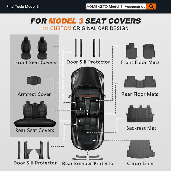 AOMSAZTO vehicle seat cover - Black full set for Tesla Model 3 2024 2025 (not for performance) with armrest cover