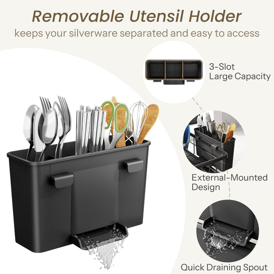 SNTD drying rack — small stainless steel dish drainer with utensil holder and drainboard