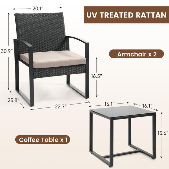 Murago 3 piece wicker patio bistro set with coffee table in black frame and cushion
