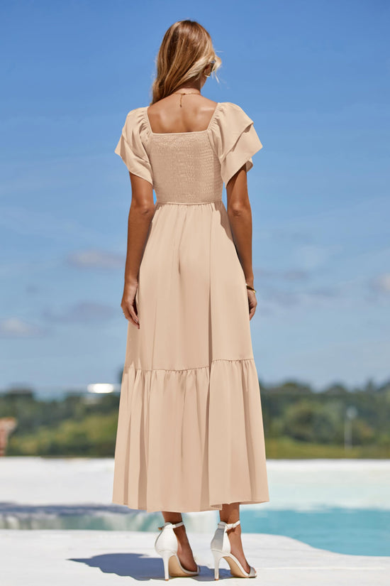 Dress — Square neck smocked high waist A line midi dress by Mascomoda