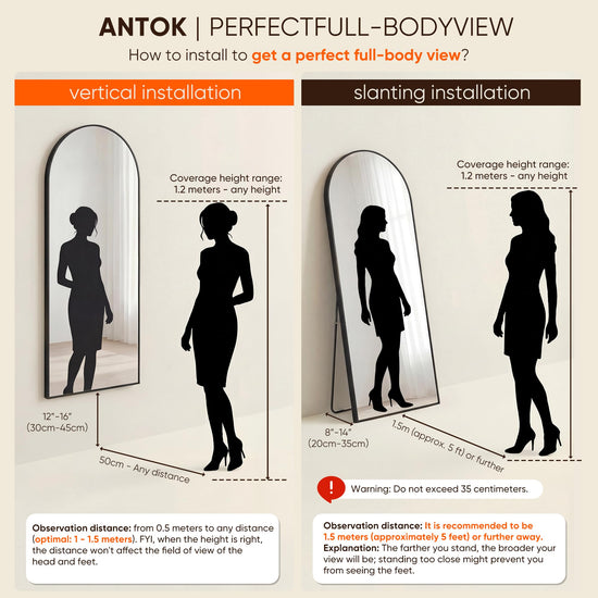 Antok arched floor mirror — aluminum frame, free standing or wall mount
