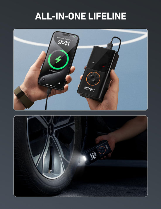 AstroAI L7 tire inflator — Cordless mini air compressor with digital display gauge and LED light