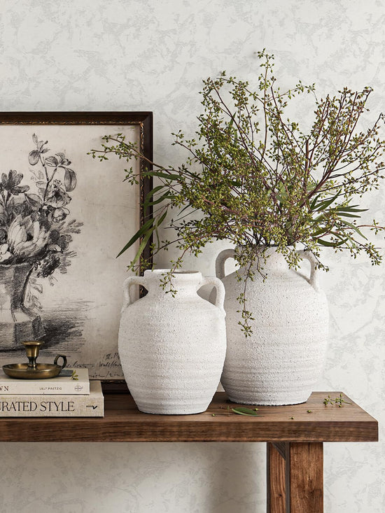 White Ceramic Vase with Handles, 9.5Inch, Farmhouse Rustic, Gritstone White