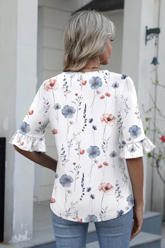 Zeagoo shirt — Casual v neck floral blouse with ruffle tunics 3/4 sleeve