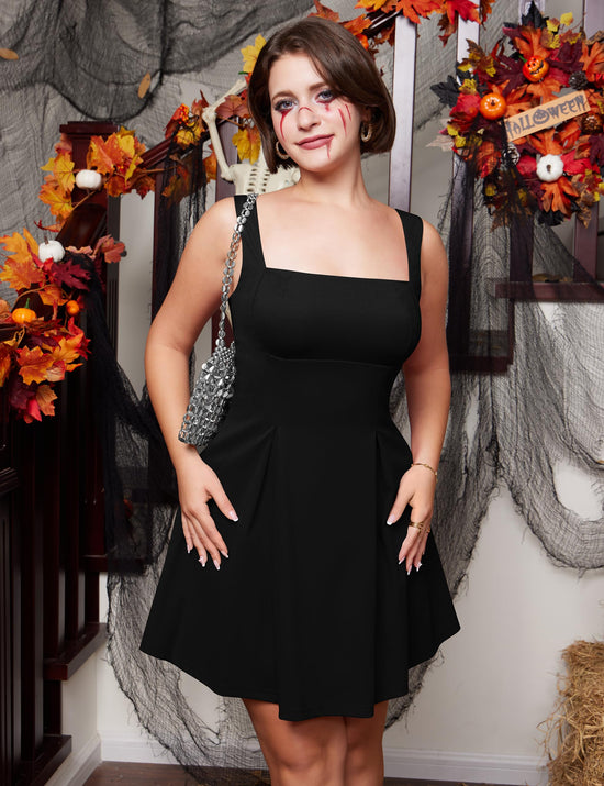YMDUCH dress — Sleeveless square neck with adjustable straps and bow tie detail
