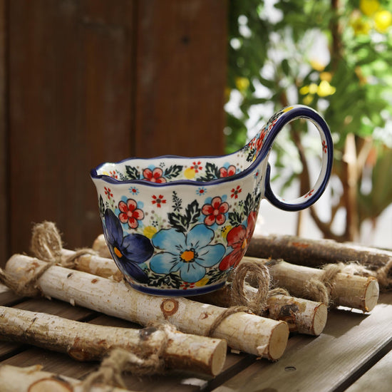 ALMA soup bowl with loop handle - Handpainted Polish pottery style, microwave safe