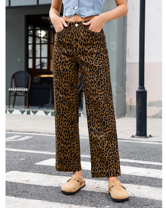 PANTS — Trendy high waisted cheetah print wide leg jeans by LookbookStore