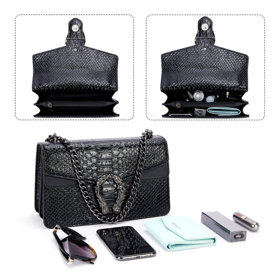 Aiqudou handbag — snake print design with chain detail and luxury PU leather