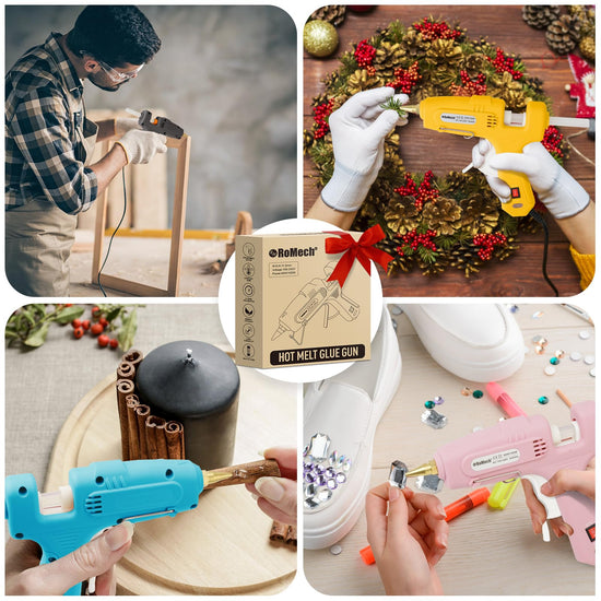 ROMECH hot glue gun with dual power and 21 glue sticks, includes storage case