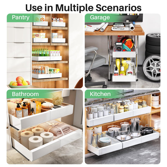 Pull out Cabinet Organizer, 2-pack, Expandable(12"-20") Heavy Duty Slide out Drawers Fixed with Adhesive Nano Film for Pots, Roll out Shelf Storage for Kitchen Base Cabinet Organization(3 Rails)