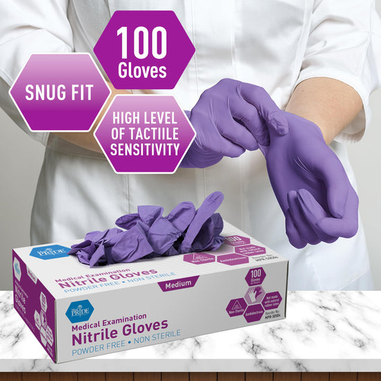 MedPride protective gloves — powder-free nitrile exam gloves in iris blue, medium, box of 100