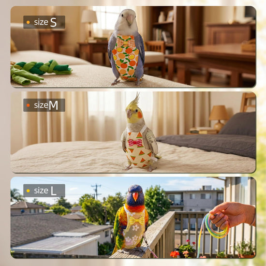 9 Pcs Reusable Bird Diaper, Cute Parrot Flight Suit with Leash & Diaper Pads, Washable Bird Nappy Clothes with Adjustable Straps for Cockatiel, Sun Conure, Green Cheek & Medium Parrots(Size M)