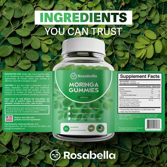 Herbal supplement — Rosabella moringa gummies with natural energy and balance 30 count