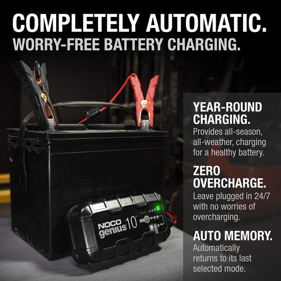 NOCO genius10 battery charger — 10A smart charger with desulfator and temperature compensation