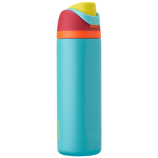 Owala FreeSip insulated stainless steel water bottle with straw, 24 oz capacity.