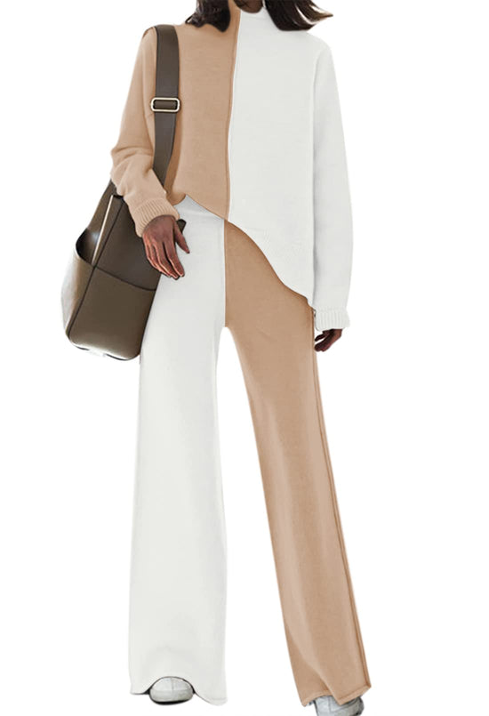 Linsery coordinated outfit - High neck knitted pullover and wide leg pants set