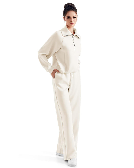 SUUKSESS coordinated outfit — matching lounge set with wide leg pants and half zip sweatshirt