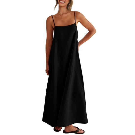 Senllen women's linen dress — loose flowy sundress with spaghetti straps and backless design