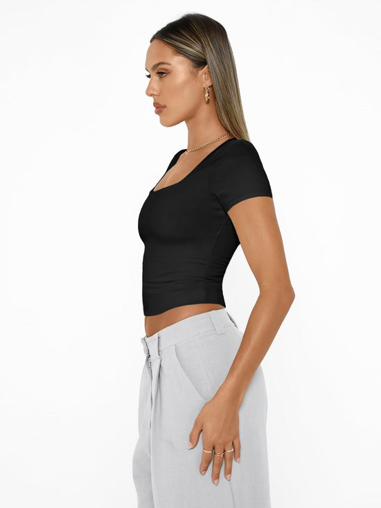 Shirt — Double lined short sleeve crop top for summer workouts and outings