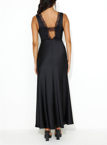 BAGONE summer satin lace backless wedding guest maxi dress with open back design
