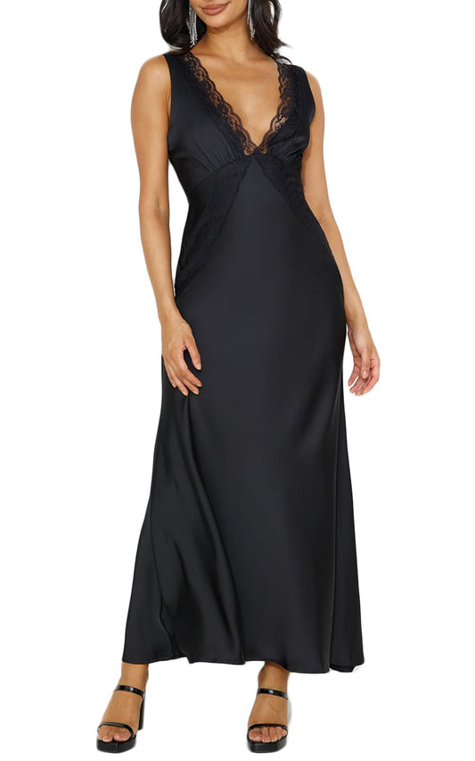 BAGONE summer satin lace backless wedding guest maxi dress with open back design