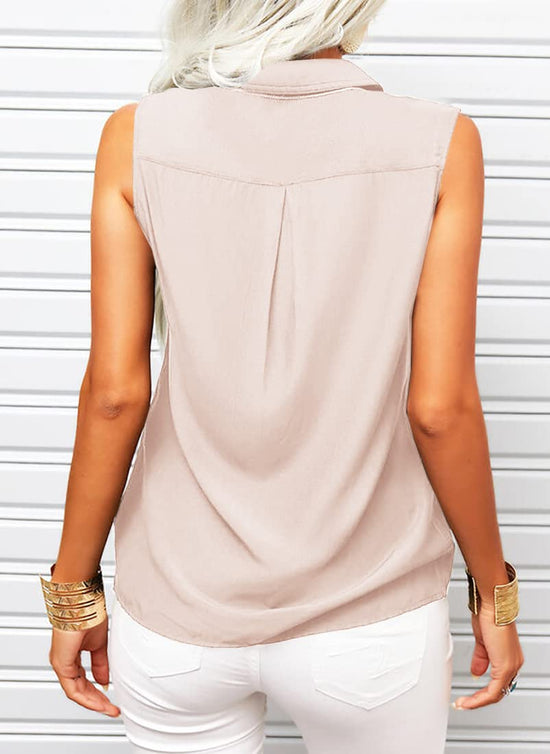 Shirt — Solid lapel sleeveless tank top with button down design by Veatzaer