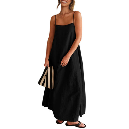Senllen women's linen dress — loose flowy sundress with spaghetti straps and backless design