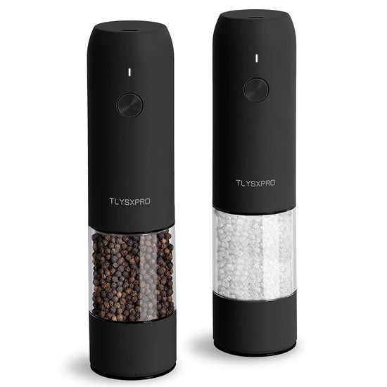 Electric salt and pepper grinder set — electric operation and adjustable coarseness