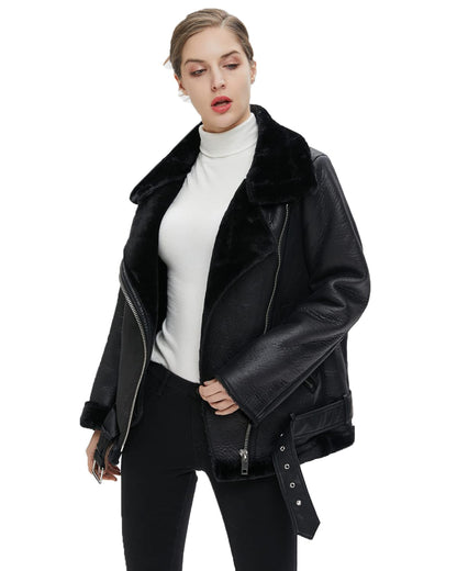 Coat — Faux shearing moto jacket with thick lining and shearling detail