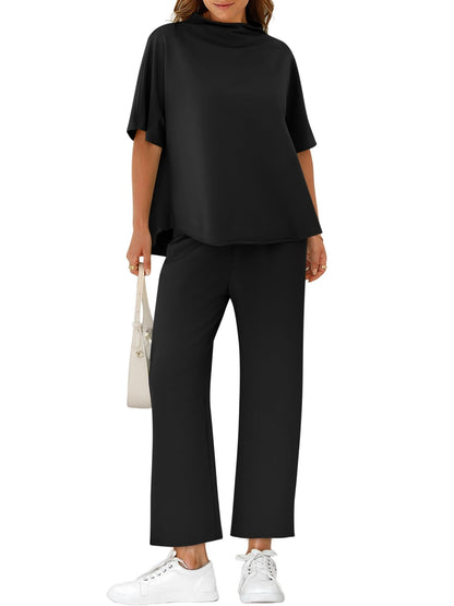 Coordinated outfit — Two piece set with batwing sleeve pullover and wide leg pants