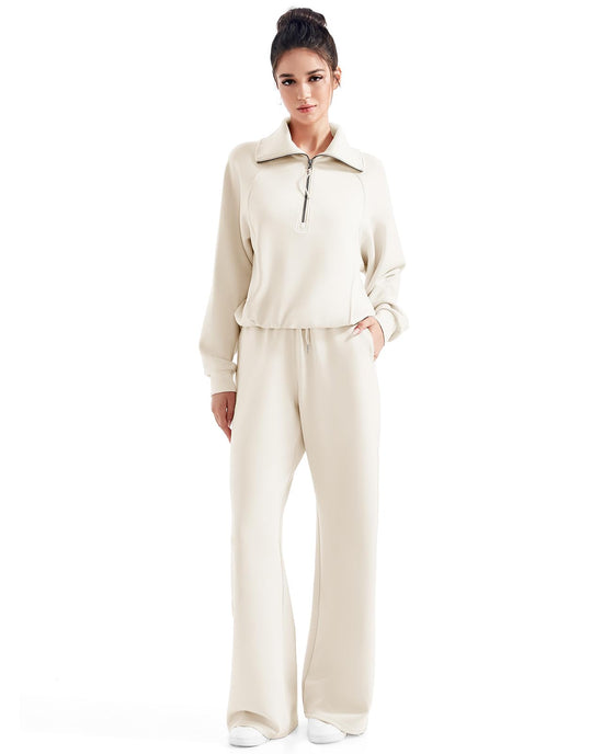 SUUKSESS coordinated outfit — matching lounge set with wide leg pants and half zip sweatshirt