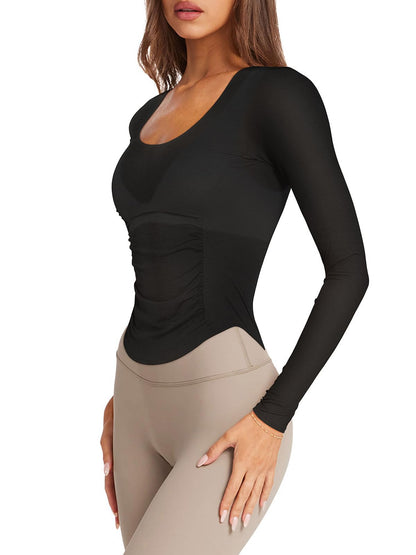 LASLULU shirt — Long sleeve fitted open back workout top for yoga and running.