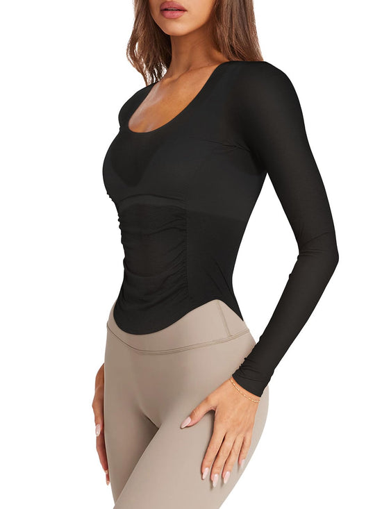 LASLULU shirt — Long sleeve fitted open back workout top for yoga and running.
